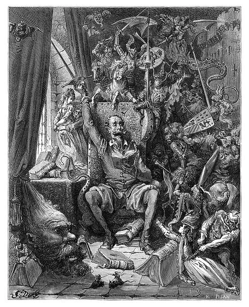 Don Quixote in his library engraving