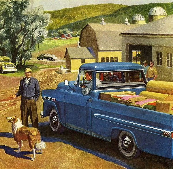 Farm Scene With Blue Vintage Truck
