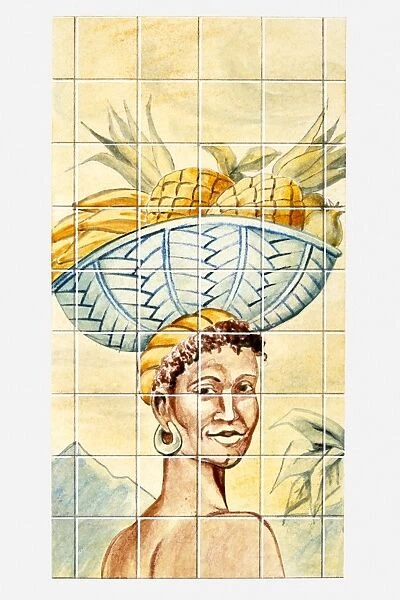 Illustration of Caribbean woman carrying basket of fruit on head