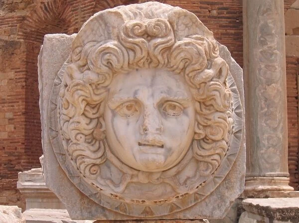Medusa. A marble carving of Medusa in the Severin Basilica, Leptis Magna, Libya