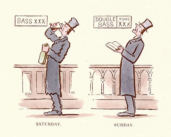 Victorian satirical cartoon, Indulgence and Abstinence, Saturday drinks, Sunday sings