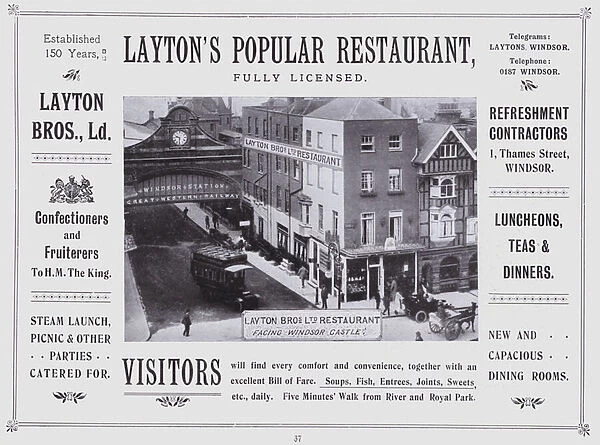 Advertisement for Layton Brothers Restaurant, Windsor, Berkshire (b  /  w photo)