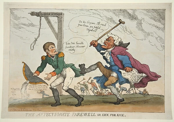 The Affectionate Farewell or Kick for Kick, pub. 1814 (hand coloured engraving)