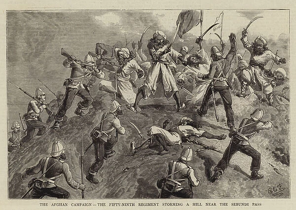 The Afghan Campaign, the Fifty-Ninth Regiment storming a Hill near the Sebundi Pass (engraving)