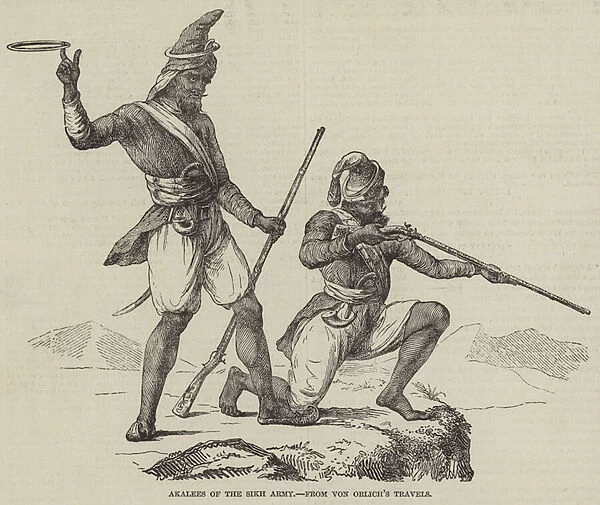 Akalees of the Sikh Army, from Von Orlichs Travels (engraving)