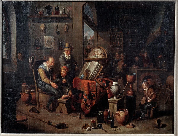 An apothecary The pharmacist in his laboratory helps his apprentices