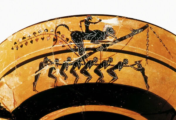 Archaic Greek art: phallic procession. Detail of the decor of a dish (ceramic)