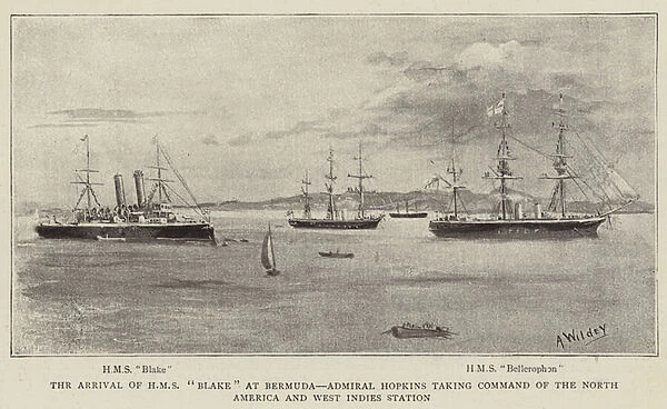 The Arrival of HMS 'Blake'at Bermuda, Admiral Hopkins taking Command of the North America and West Indies Station (litho)