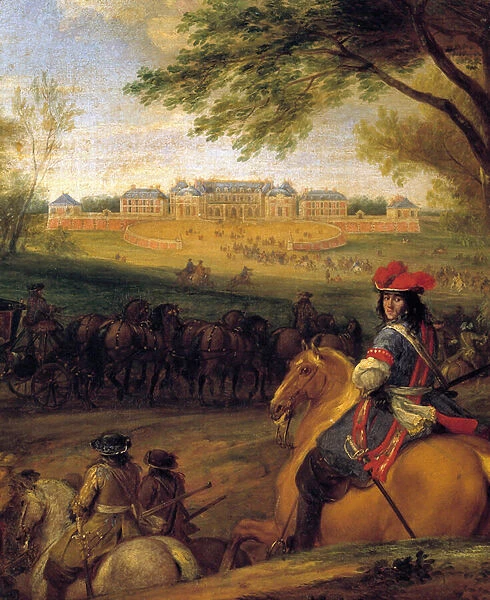 Arrival of King Louis XIV (1638-1715) precede the bodyguards in view of the old castle of