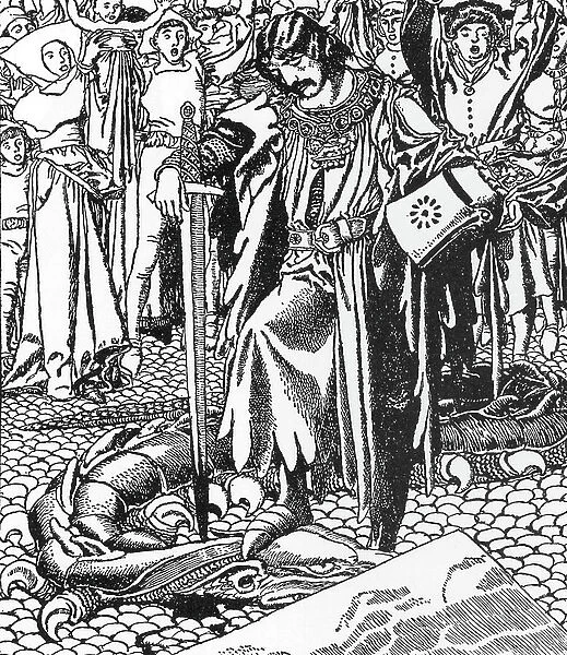 Arthurian Legend: The Lancelot Knight Terming Corbin's Snake (Corbenic) (launcelot slays the worm of Corbin) Illustration by Howard Pyle (1853-1911) from 'The Story of Sir Launcelot and His Companions' 1907 Private Collection