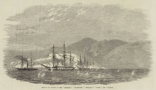 Attack on Soujak by the 'Leopard, 'Highflyer, 'Swallow, 'Viper, 'and 'Fulton'(engraving)
