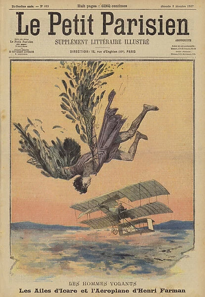Aviators: the wings of Icarus and the aeroplane of Henri Farman (colour litho)