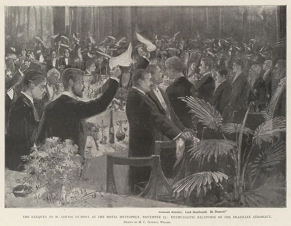 The Banquet to M Santos Dumont at the Hotel Metropole, 25 November, Enthusiastic Reception of the Brazilian Aeronaut (litho)