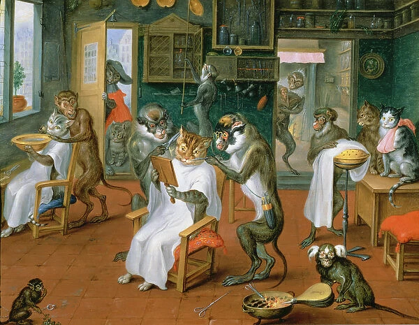 Barbers shop with Monkeys and Cats (oil on copper)