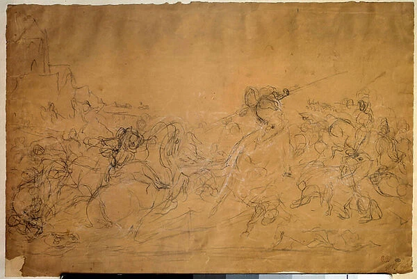 Battle Scene Drawing on Salmon Paper by Eugene Delacroix (1798-1863) 19th century Sun. 0
