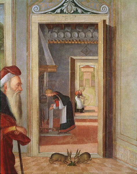 The Birth of the Virgin, detail of servants in the background, 1504-08 (oil on canvas)
