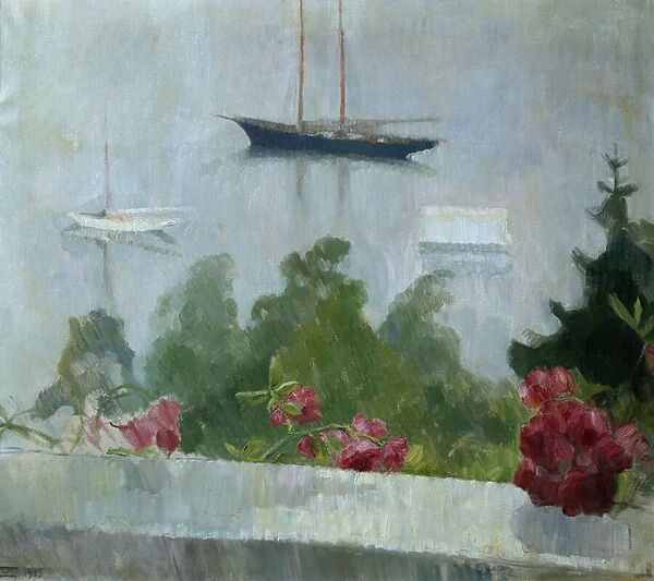The boat, flowers on the veranda, 1915 (oil on canvas)