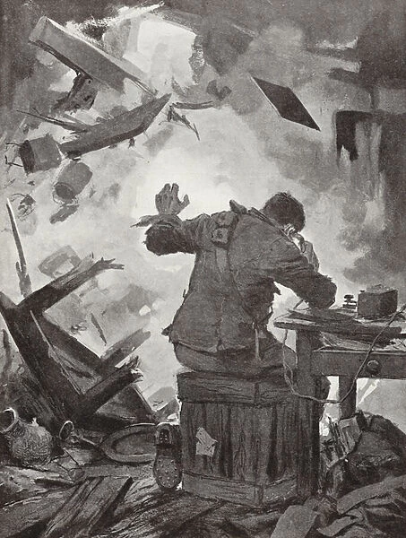 Bombardier W H French finishing his message after a shell had come through the room in which he was telephoning, Helpegarde, World War I (litho)
