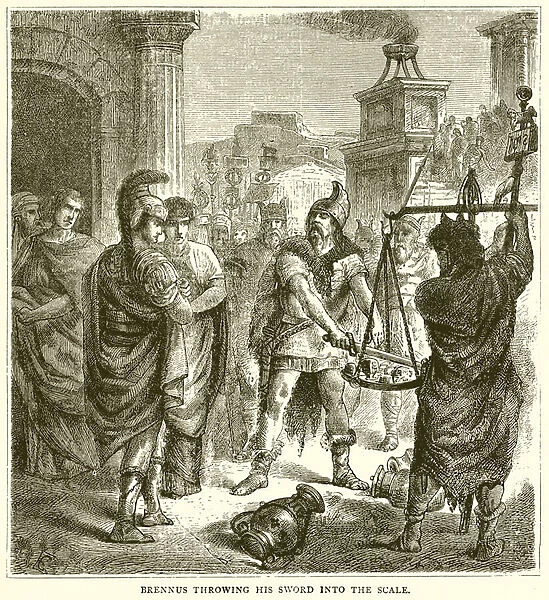 Brennus throwing his Sword into the Scale (engraving)