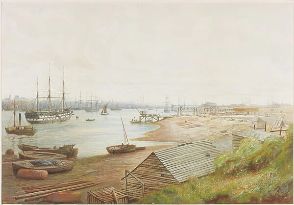 A busy river scene with numerous vessels (pencil, watercolour and bodycolour on paper)