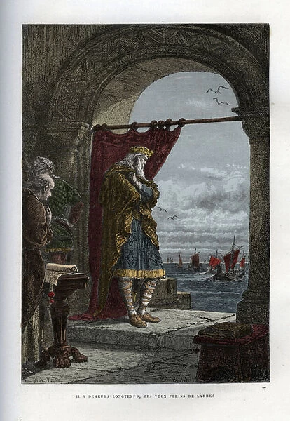 Charlemagne watching the arrival of Norman boats on the French coast - engraving