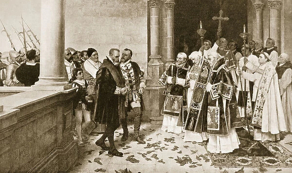Charles V Entering a Monastery at St. Yuste (litho)