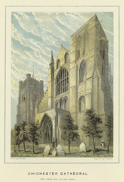 Chichester Cathedral, west front with the bell tower (colour litho)
