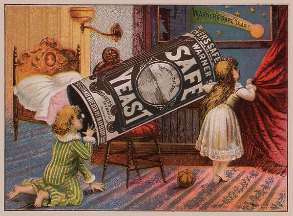 Children watching a comet, advertisement for Warners Safe Yeast (chromolitho)