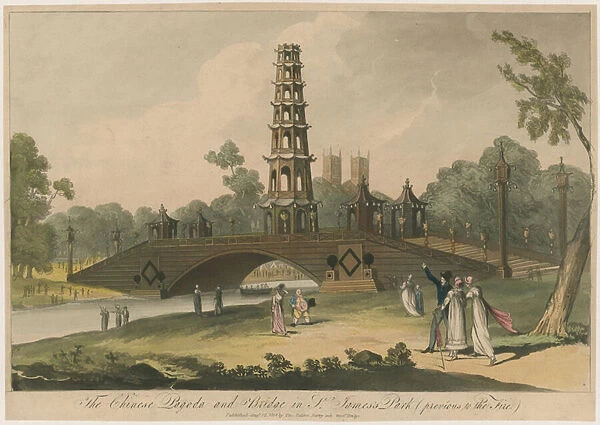 The Chinese Pagoda and Bridge in St Jamess Park (previous to the Fire) (coloured engraving)