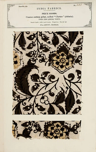 Coarse cotton sample with chetee (chintz) pattern from Arcot in Madras