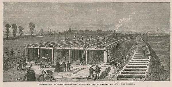 Constructing the concrete embankment across the Plaistow marshes (engraving)