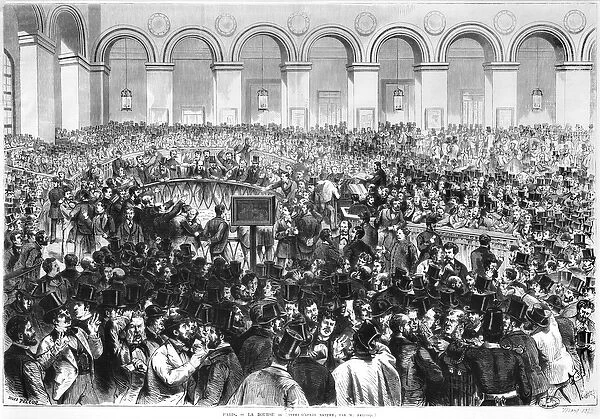 The Corbeille at the Bourse of Paris, 1873 (engraving) (b  /  w photo)