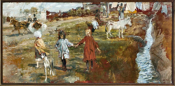 Country landscape with children and dog, a donkey by the river (oil on canvas