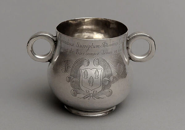 Cup with large belly and thick cast rim base, and a pair of ox-eye handles, 1675 (silver)