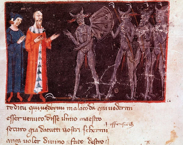 Dante and Virgil speak with Malacoda, leader of the Malebranche squadrons