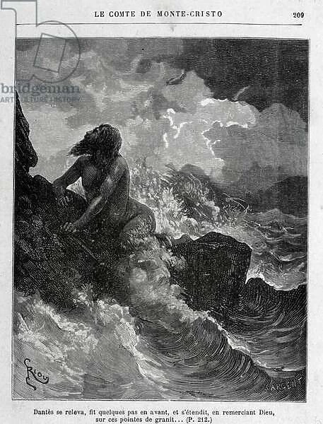 Dantes evade a la nage - Engraving by Riou, in 'Le Comte de Monte-Cristo'