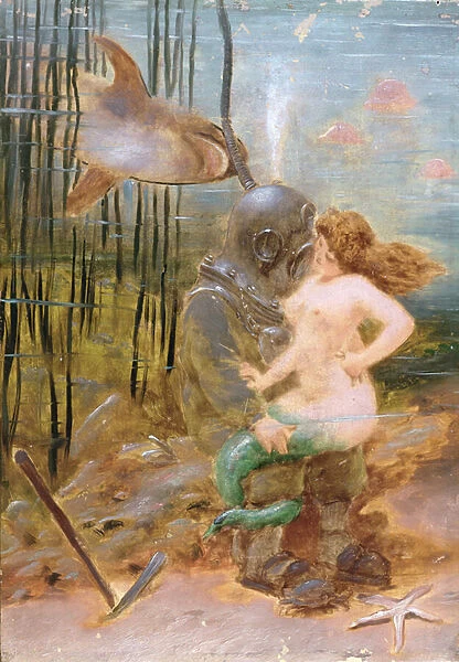 Deep Sea Diver with a Mermaid and a Shark (oil on panel)