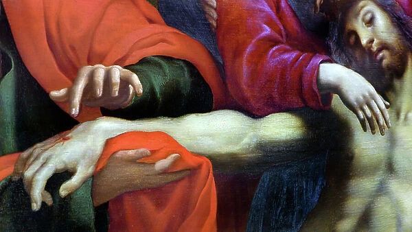 Descent from the cross: detail of the hands of those who support Christ and his hand pierced by the nail of the crucifixion, late 16th or early 17th century (painting)