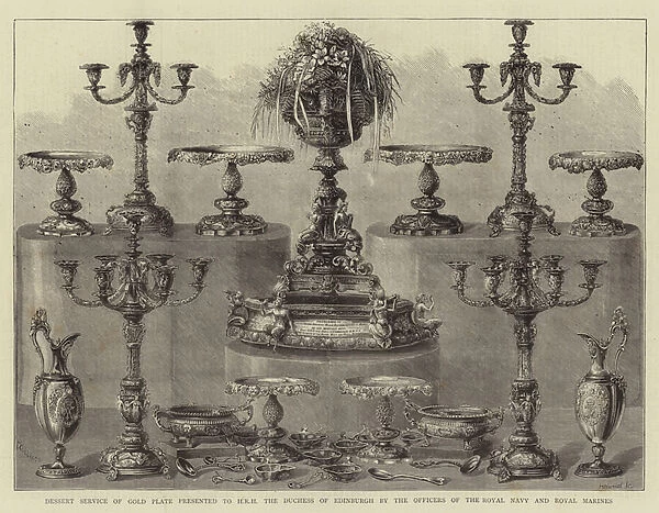 Dessert Service of Gold Plate presented to HRH the Duchess of Edinburgh by the Officers of the Royal Navy and Royal Marines (engraving)