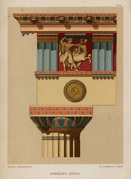 Doric entablature, ancient Greek architecture (colour litho)
