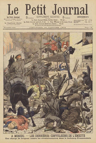 Dragoons attacking revolutionaries in the Presnensky district of Moscow (colour litho)