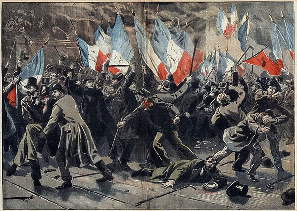 Dreyfus case - Paris - January 17, 1898: clash between dreyfusards and antidreyfusards during a rally to protest against Dreyfus supporters in the hall of the Tivoli Vaux Hall. Illustration in 'Le Pelerin'of January 30, 1898