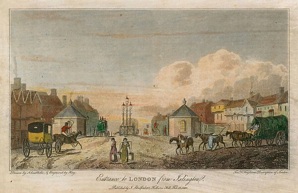 Entrance to London from Islington (coloured engraving)