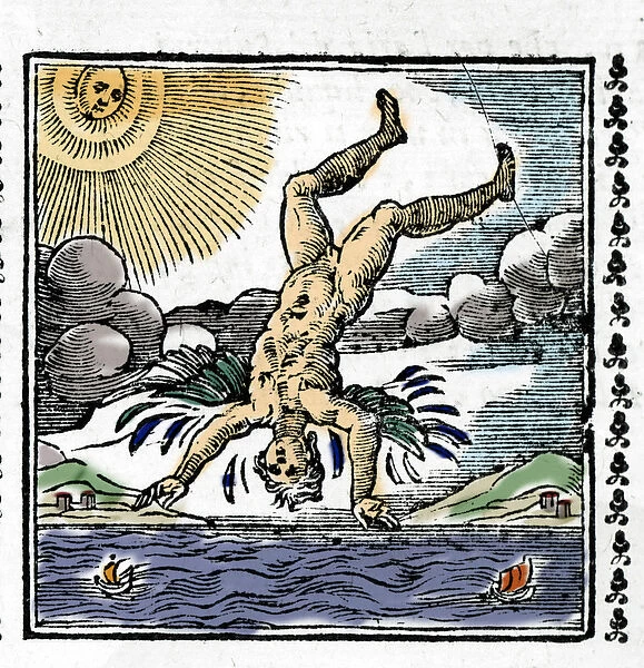 The Fall of Icarus - The Fall of Icarus. Colourful Xylography. 16th century