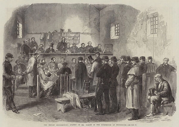 The Fenian Insurrection, Inquest on Mr Cleary in the Courthouse at Kilmallock (engraving)