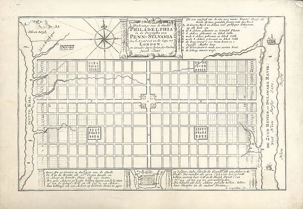 The first plan for Philadelphia, devised by William Penn and Thomas Holme in 1682