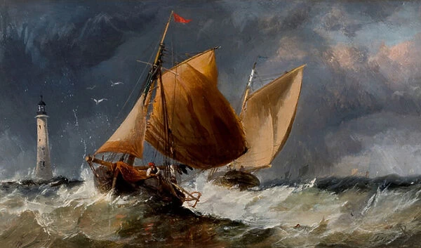 Fishing Craft off the Eddystone Lighthouse (oil on panel)