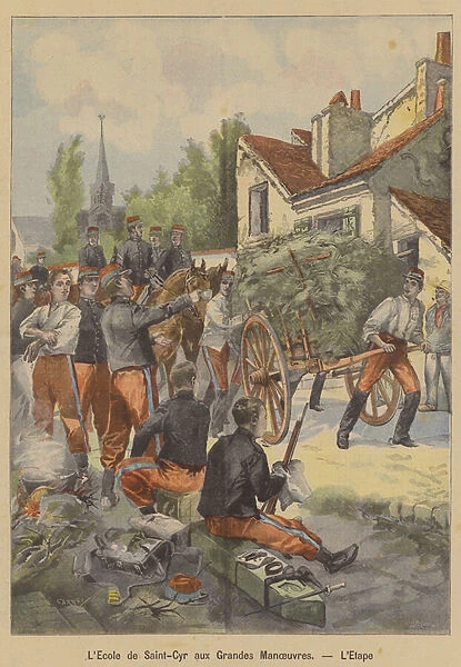 French Army cadets from the Saint-Cyr military academy taking part on the armys grand manoeuvres (colour litho)