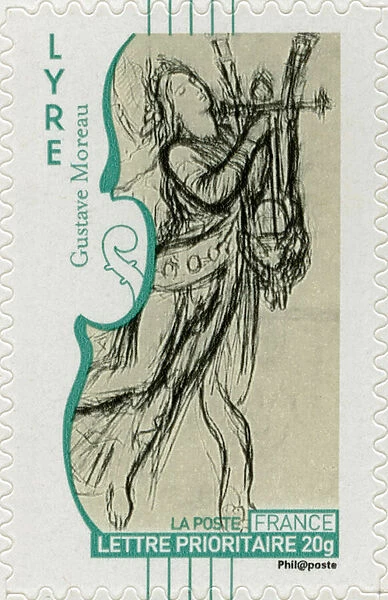 French postage stamp showing a young man playing a harp, from a drawing by French artist Gustave Moreau