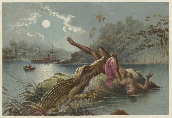 A frightful incident, crocodile attacking native girl (chromolitho)